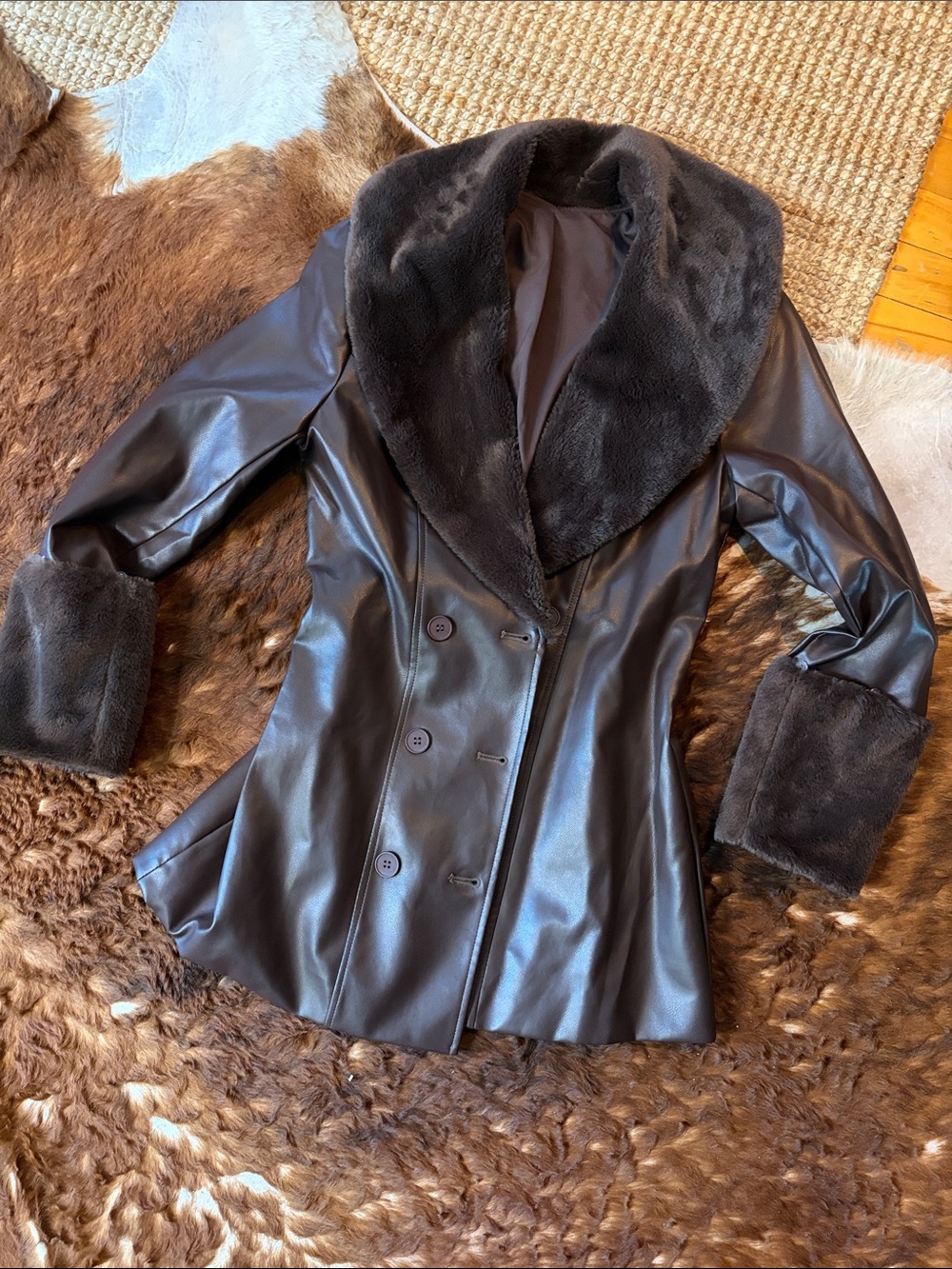 Women's Brown Faux Leather Coat with Fur Trim
